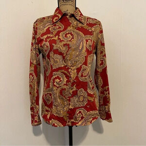 Jones New York Women Burgundy & Gold Paisley Long Sleeve Button-Up Shirt Size S